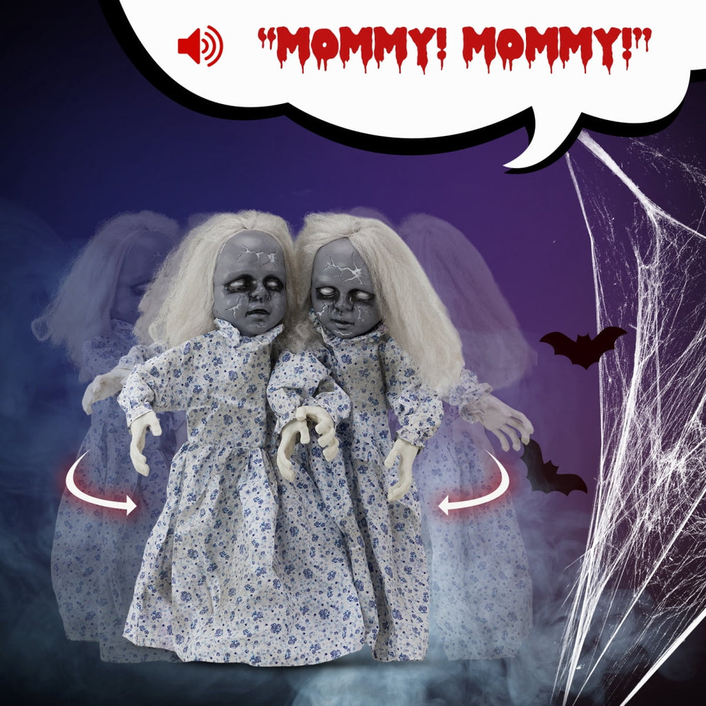 Haunt & Co 2.8ft Halloween Scary Yard Decorations, Twin Girls Halloween Standing Decoration, Animated Haunted House Halloween Party Prop Decoration, with Creepy Sounds