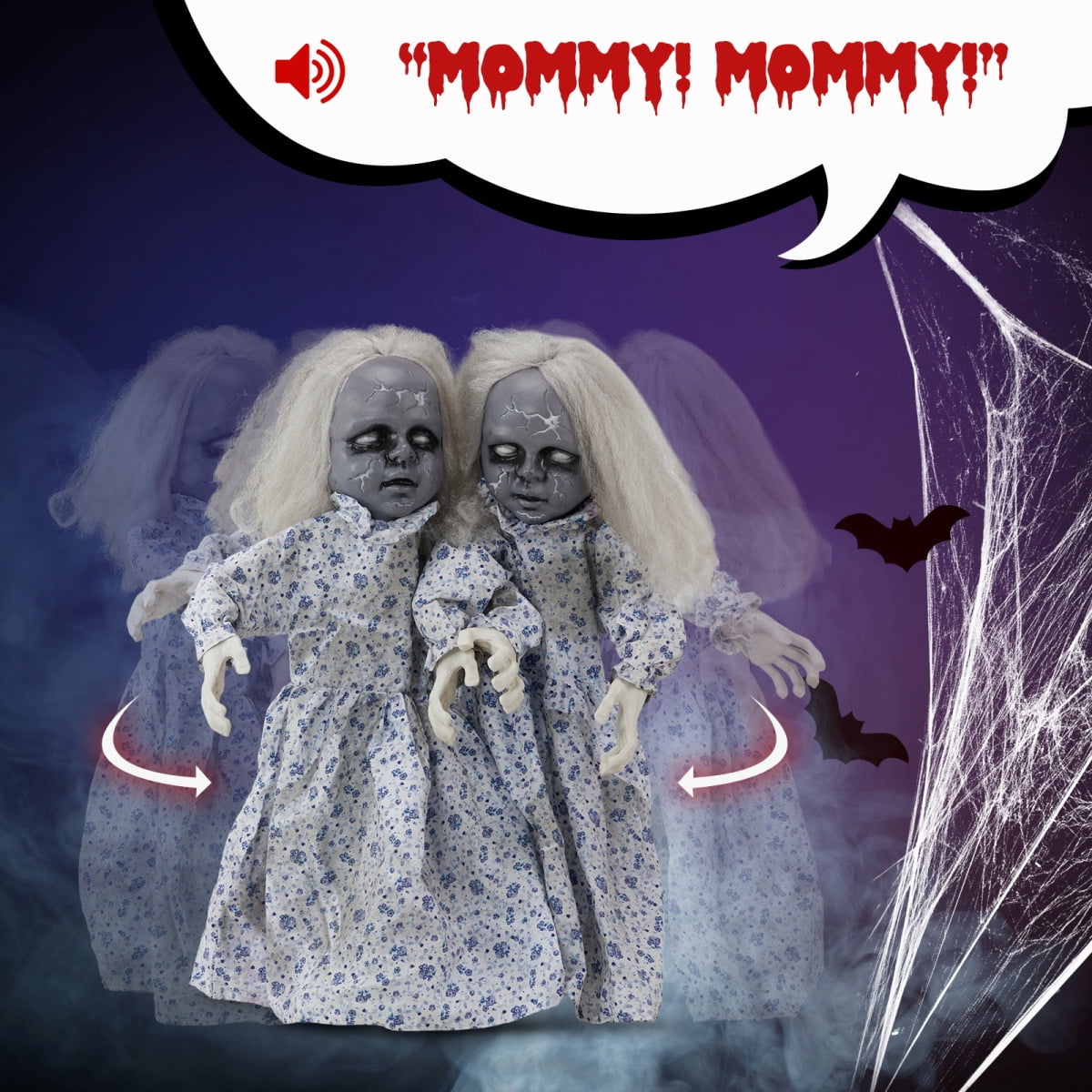 Haunt & Co 2.8ft Halloween Scary Yard Decorations, Twin Girls Halloween Standing Decoration, Animated Haunted House Halloween Party Prop Decoration, with Creepy Sounds