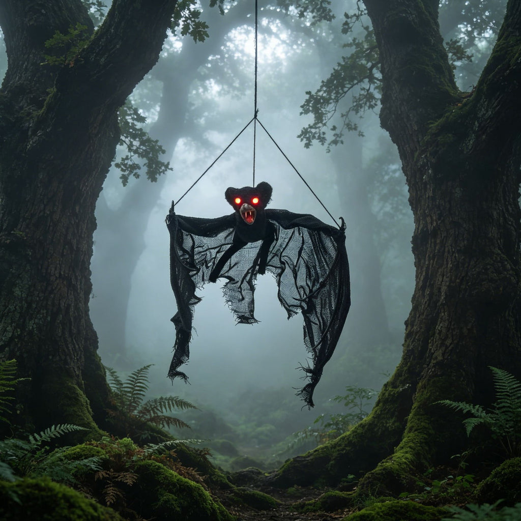 Haunt & Co Spooky Halloween Bat Hanging Prop, Large Scary Bat Decoration with LED Red Eyes, Creepy Black Bat Ornament for Halloween Haunted House, Door, Yard Decor