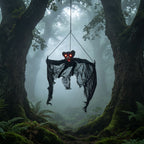 Haunt & Co Spooky Halloween Bat Hanging Prop, Large Scary Bat Decoration with LED Red Eyes, Creepy Black Bat Ornament for Halloween Haunted House, Door, Yard Decor