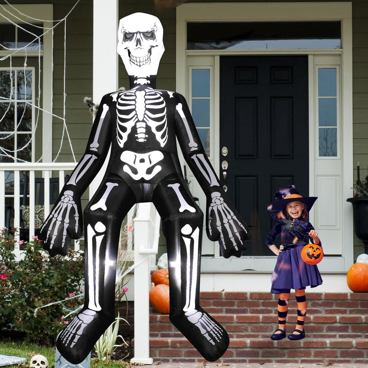 Haunt & Co Halloween Inflatables Outdoor Decorations, 10.5FT Sitting Skeleton Halloween Outdoor Inflatables Decorations Skeleton Blow Up Built in Lights Air Pump