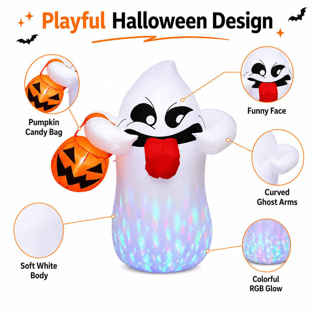 Haunt & Co 5FT Halloween Inflatable Ghost Holding Pumpkin Lantern, Light-Up Blow Up Outdoor Yard Decoration with RGB LED Lights