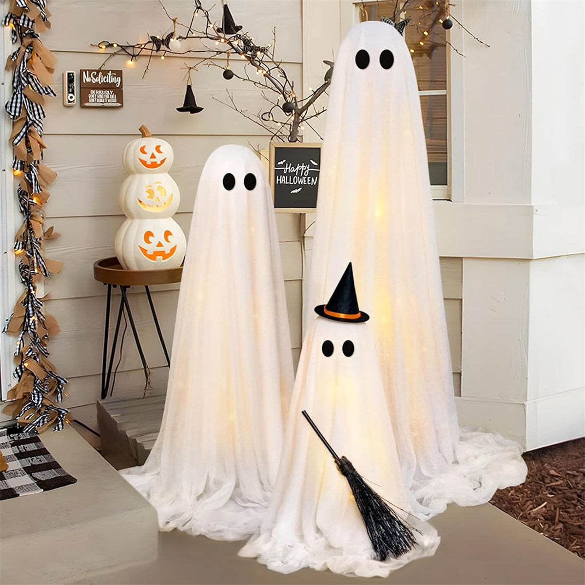 Haunt & Co Outdoor - Set of 3 Light Up Spooky Ghosts Decoration with 8 Light Modes Timer Remote- Indoor Cute Party Ghost Decor