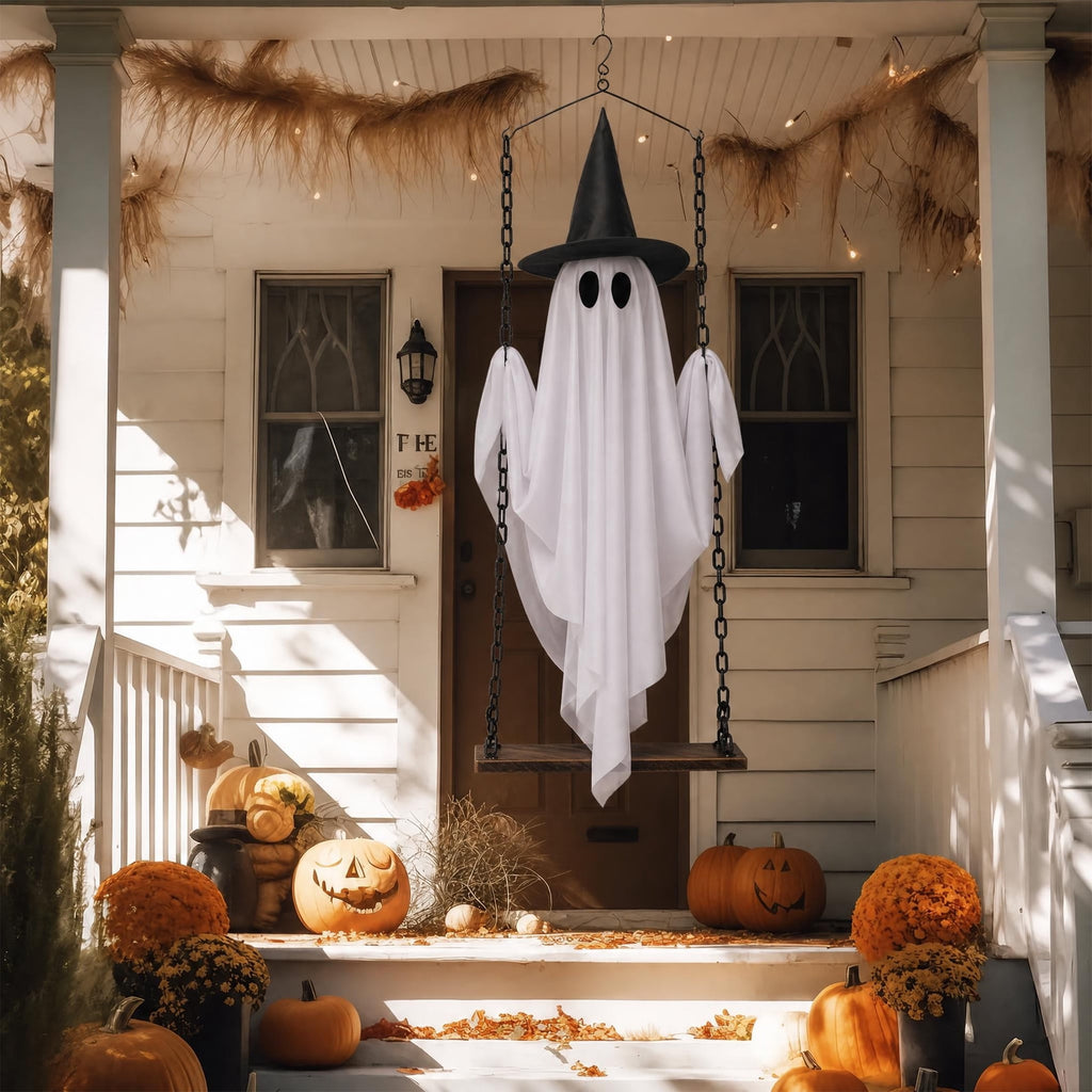 Haunt & Co Outdoor, Hanging Swing Ghosts with Lights Halloween Spooky Cute Ghosts Decor for Outside Home Front Porch Yard Lawn Tree