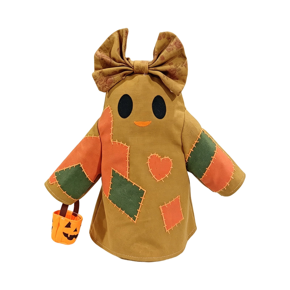 Haunt & Co Halloween Vintage Patchwork Ghost Doll, Linen Fabric Bow Ghost Ornament With Mini Pumpkin Bucket, Farmhouse Tabletop Hanging Holiday Decor