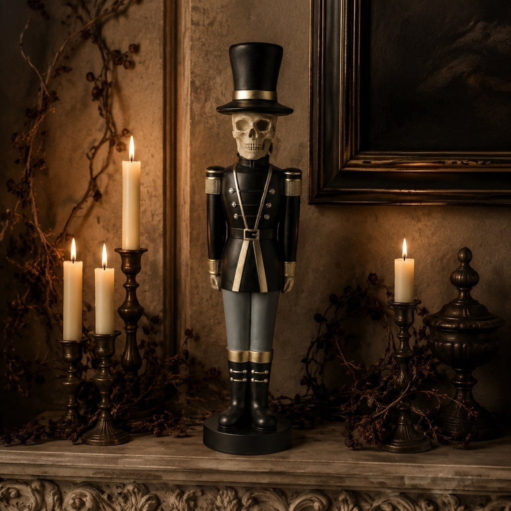 Haunt & Co 14" Resin Skeleton Nutcracker Figurine, Halloween Soldier Statue, Hand Painted Black Gold Nutcracker Ornament for Holiday Tabletop Decoration