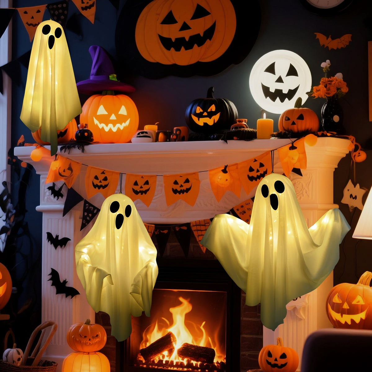Haunt & Co 3 pack Hanging Ghosts , 20 inch LED Glowing Ghost Outdoor Lights