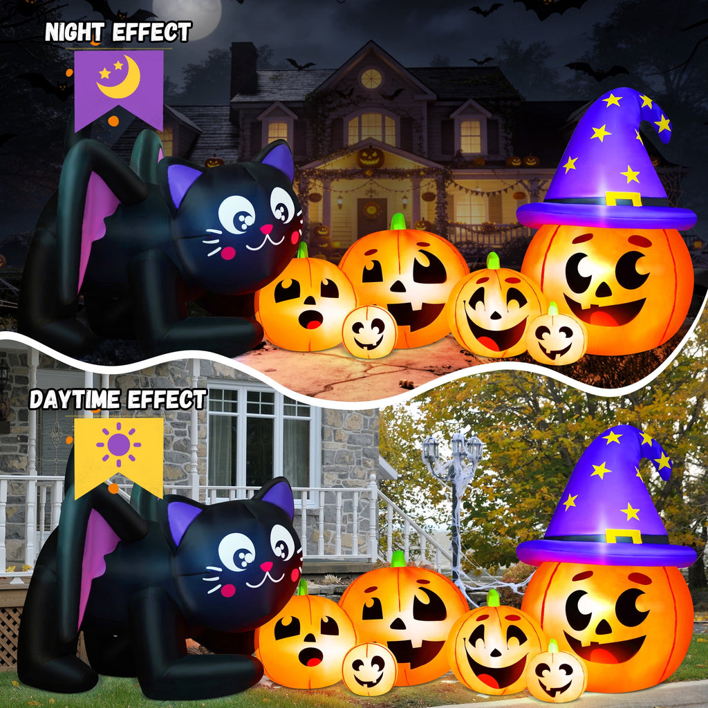 Haunt & Co 9FT Halloween Inflatable Black Cat with Pumpkin, with 8 LED Lights,Blow Up Outdoor Lawn Decor