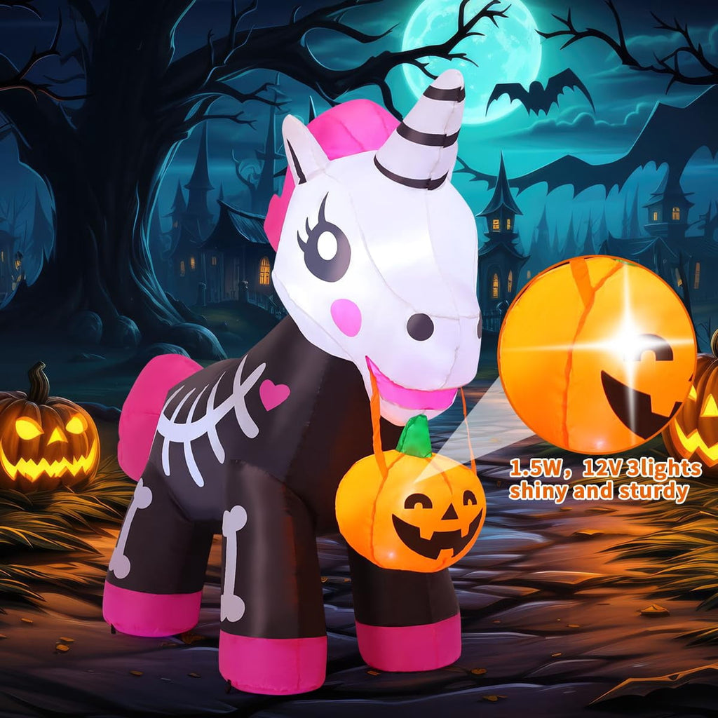 Haunt & Co COMIN 5 FT Halloween Inflatables Skeleton Unicorn Outdoor Decorations Blow Up Yard Pink Cute with Built-in LEDs