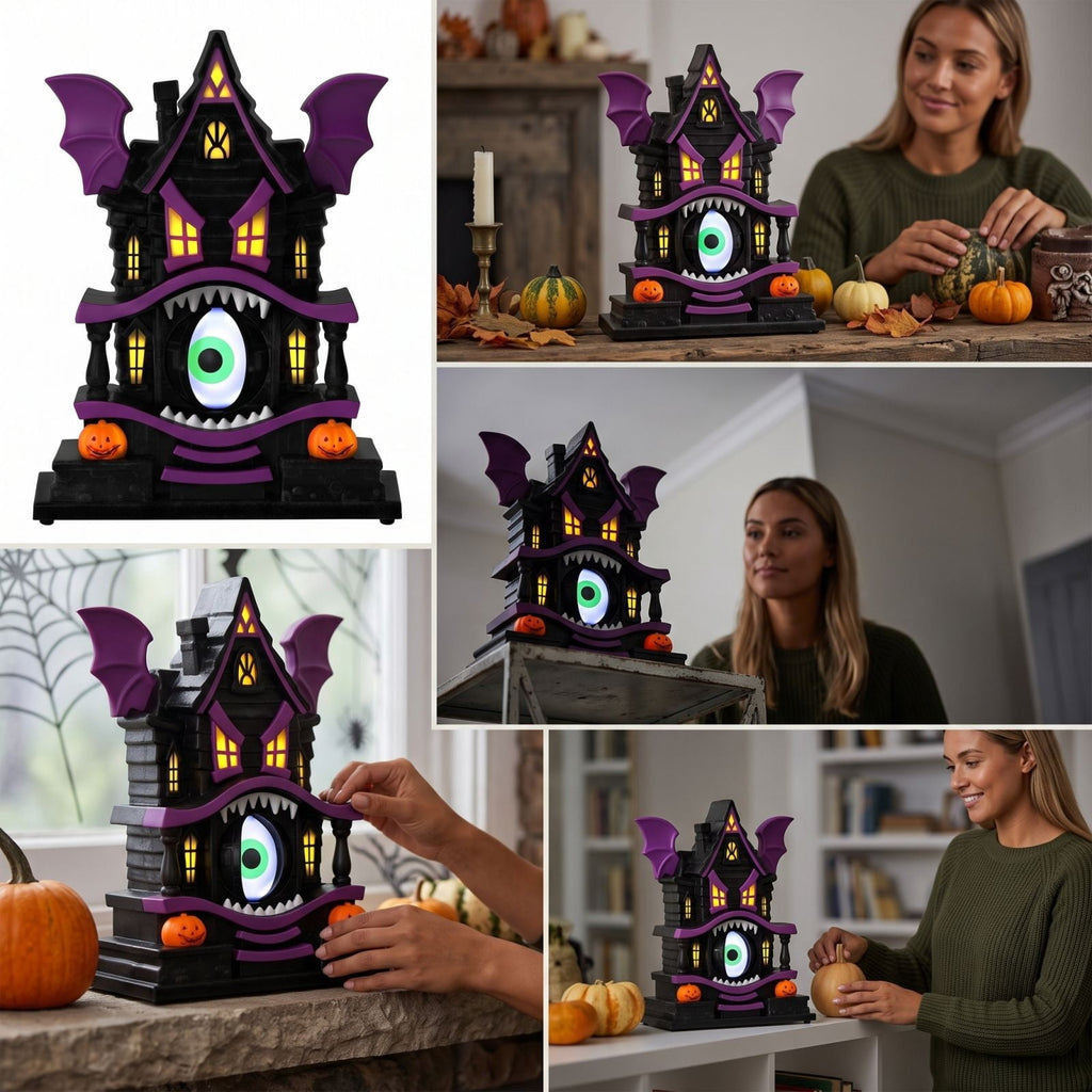 Haunt & Co Light Up Gothic Monster House Figurine, Built In Warm Internal Illumination Castle Decor, Anti Toppling Detailed Sculpted Desktop Ornament for Household Indoor Halloween Party Display