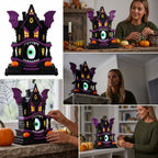 Haunt & Co Light Up Gothic Monster House Figurine, Built In Warm Internal Illumination Castle Decor, Anti Toppling Detailed Sculpted Desktop Ornament for Household Indoor Halloween Party Display