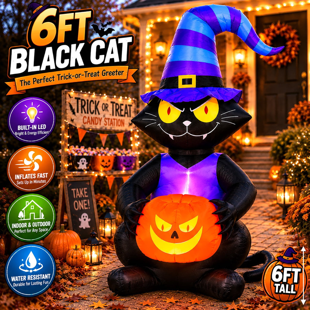Haunt & Co Toiyjofe 6ft Halloween Inflatable Black Cat with Jack-o'-Lantern & LED Lights, Trick-or-Treat Yard Decoration with Witch Hat