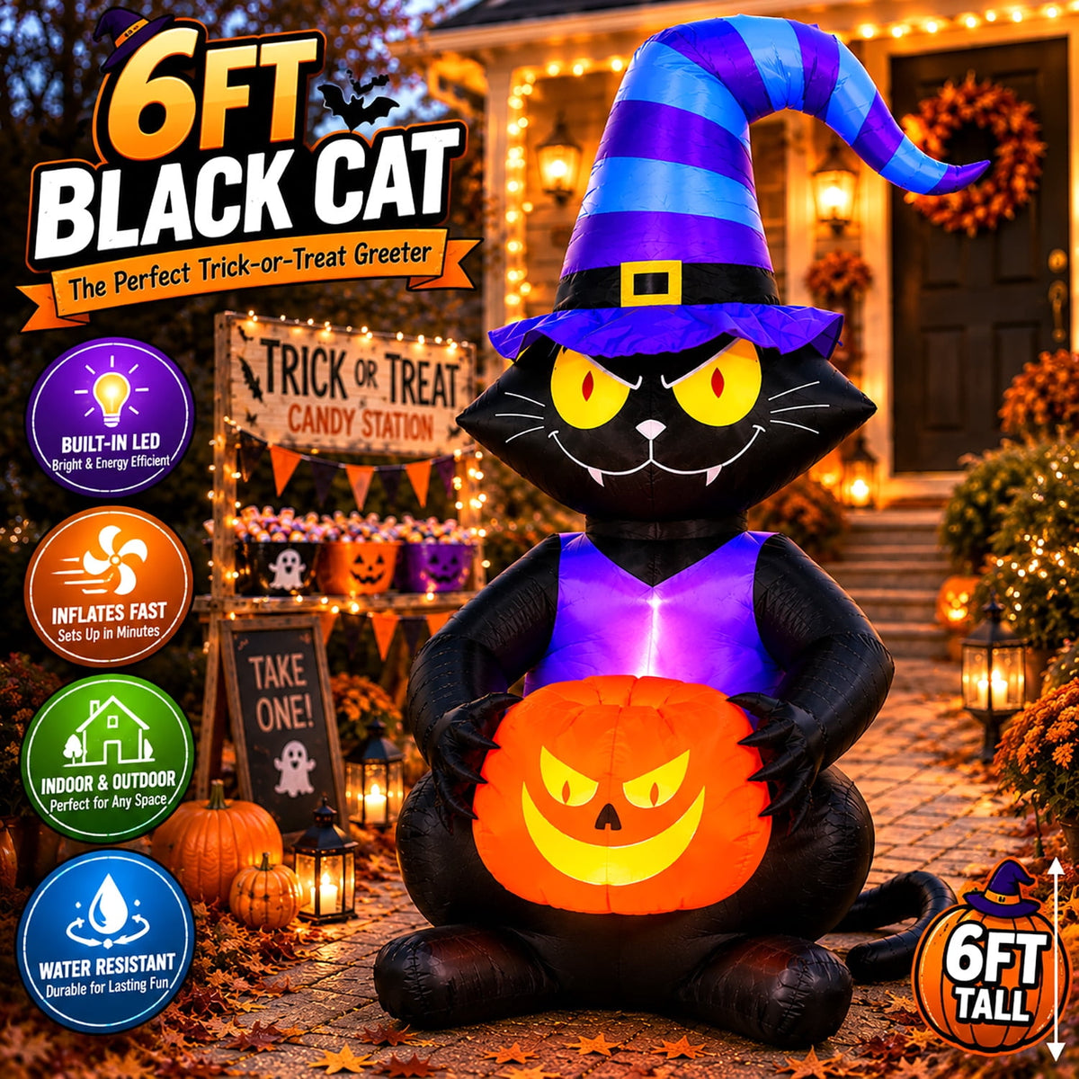 Haunt & Co Toiyjofe 6ft Halloween Inflatable Black Cat with Jack-o'-Lantern & LED Lights, Trick-or-Treat Yard Decoration with Witch Hat