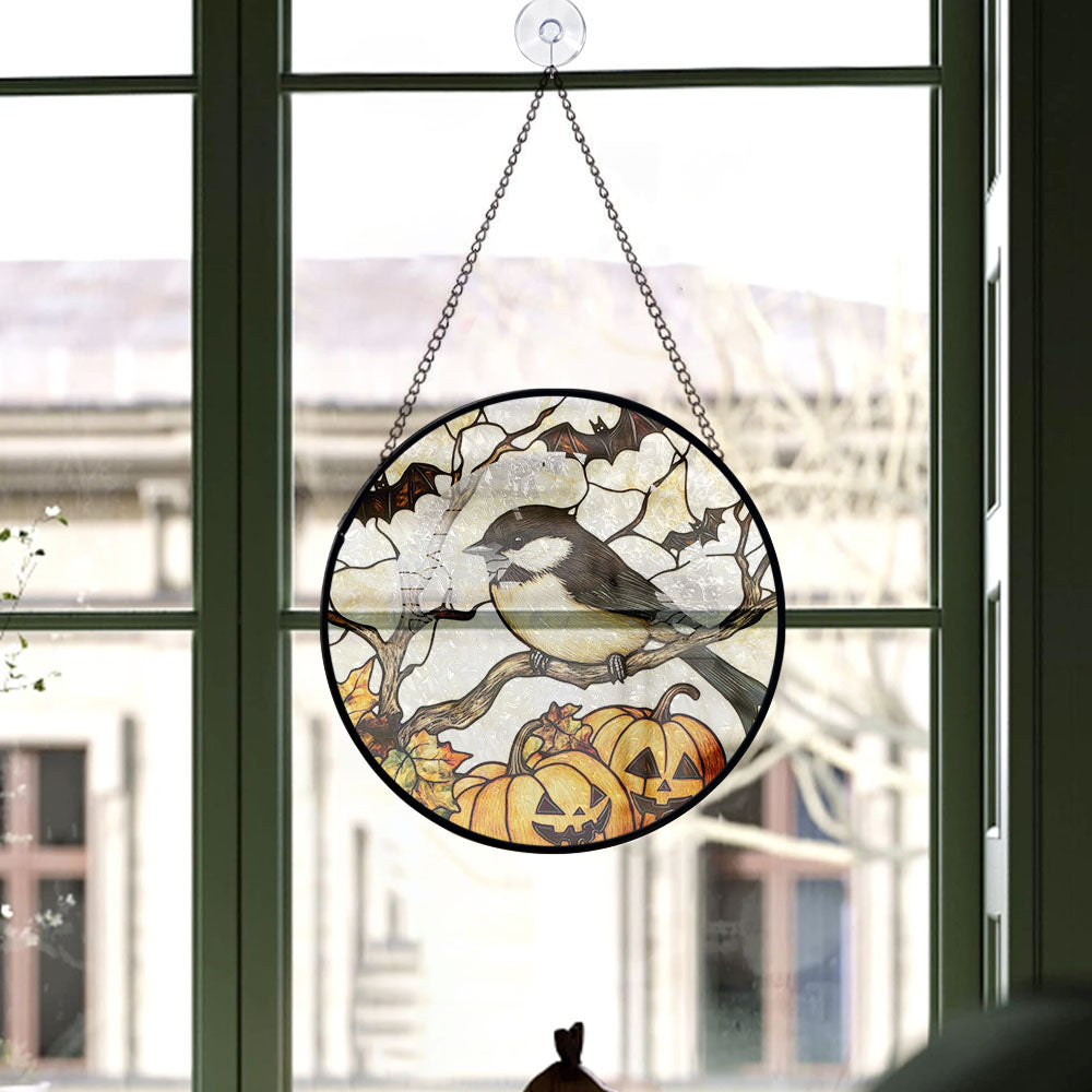 Haunt & Co Bedroom Christmas Gift - Halloween Chickadee Christmas Stained Glass Hanging Ornament - Nature-Inspired Holiday Tree Decoration, Xmas Gift for Mom, Dad, Family, Friends