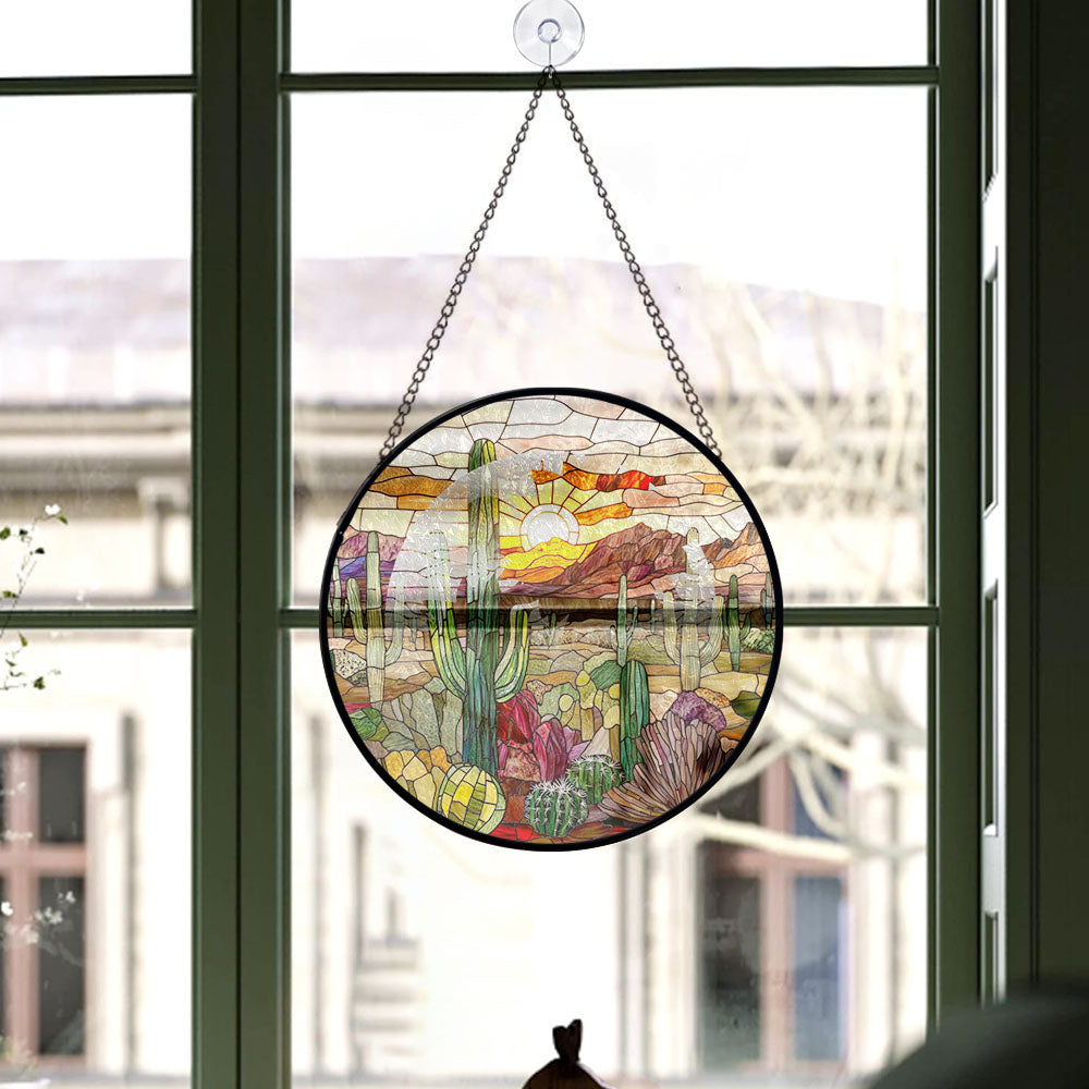 Haunt & Co Seasonal Christmas Gift - Cactus Halloween Christmas Stained Glass Hanging Ornament - Holly & Pine Holiday Tree Decoration, Gift for Friends, Family, Mom & Dad