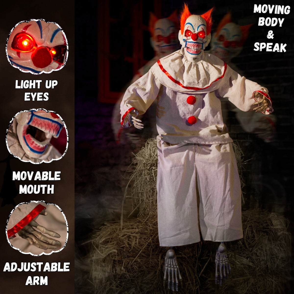 Haunt & Co Halloween Animatronic Sitting Clown Animated Decorations - Sound Activated with Creepy Sound, Light Up Eyes, Scary Move, Haunted House Holiday Spooky Decor Horror Prop