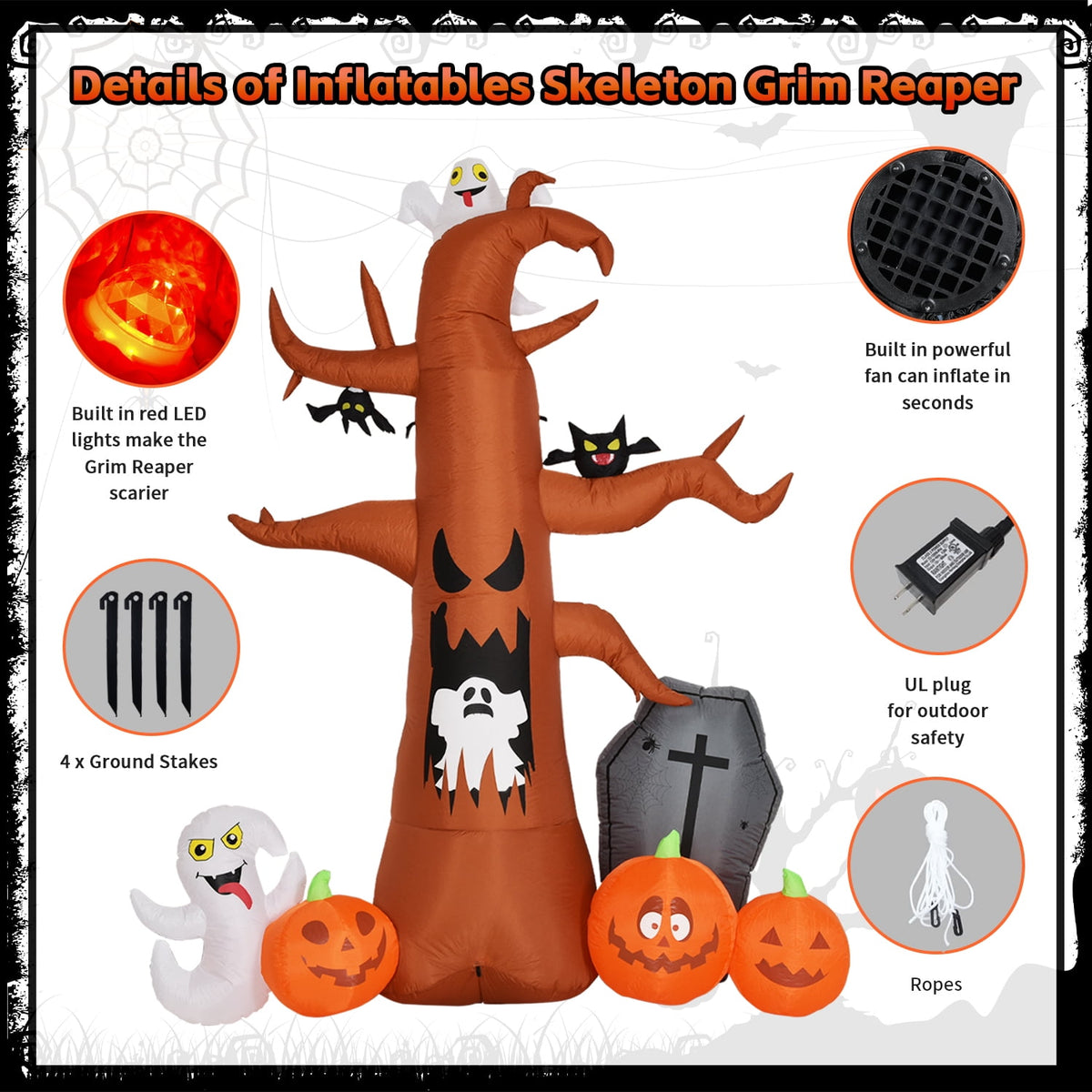 Haunt & Co Coolmade 8 ft Halloween Inflatable Outdoor Dead Tree with Ghosts Pumpkins Tombstone Bat, Halloween Blow Up Yard Decorations Clearance with Build-in LED Lights for Holiday Party Lawn Yard Garden