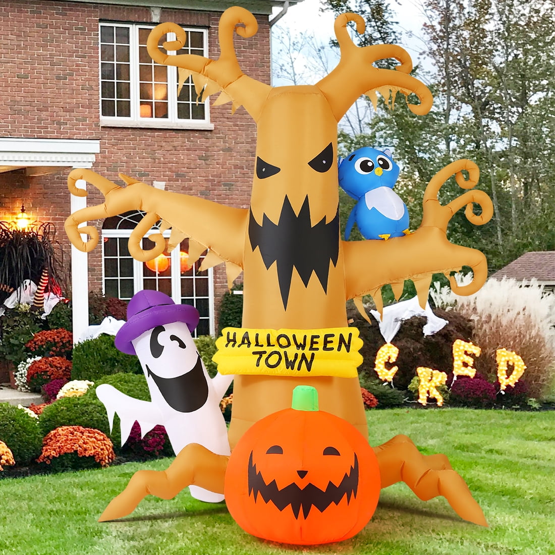 Haunt & Co Halloween Inflatables 8 FT Halloween Inflatable tree with Ghost Pumpkin and Owl, Halloween Dead Tree Decorations Scary with Built-in Lights for Halloween/Holiday/Party