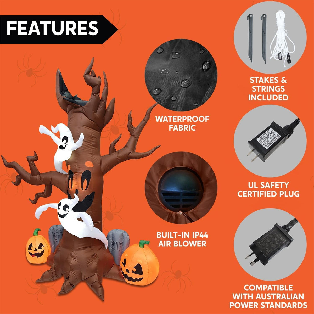 Haunt & Co 8 FT Halloween Inflatables Spooky Tree with Ghost,Pumpkin & Tombstone Tree Blow Up Decor with Built-in LED Lights