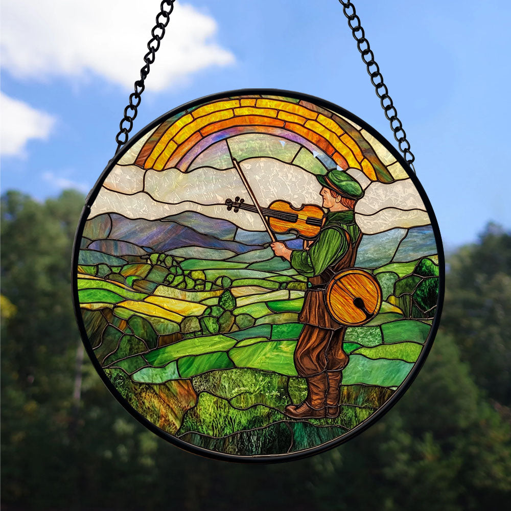 Haunt & Co Minimalist Christmas Gift - Harp Shamrocks Halloween Christmas Stained Glass Hanging Ornament - Holly & Pine Holiday Tree Decoration, Gift for Friends, Family, Mom & Dad