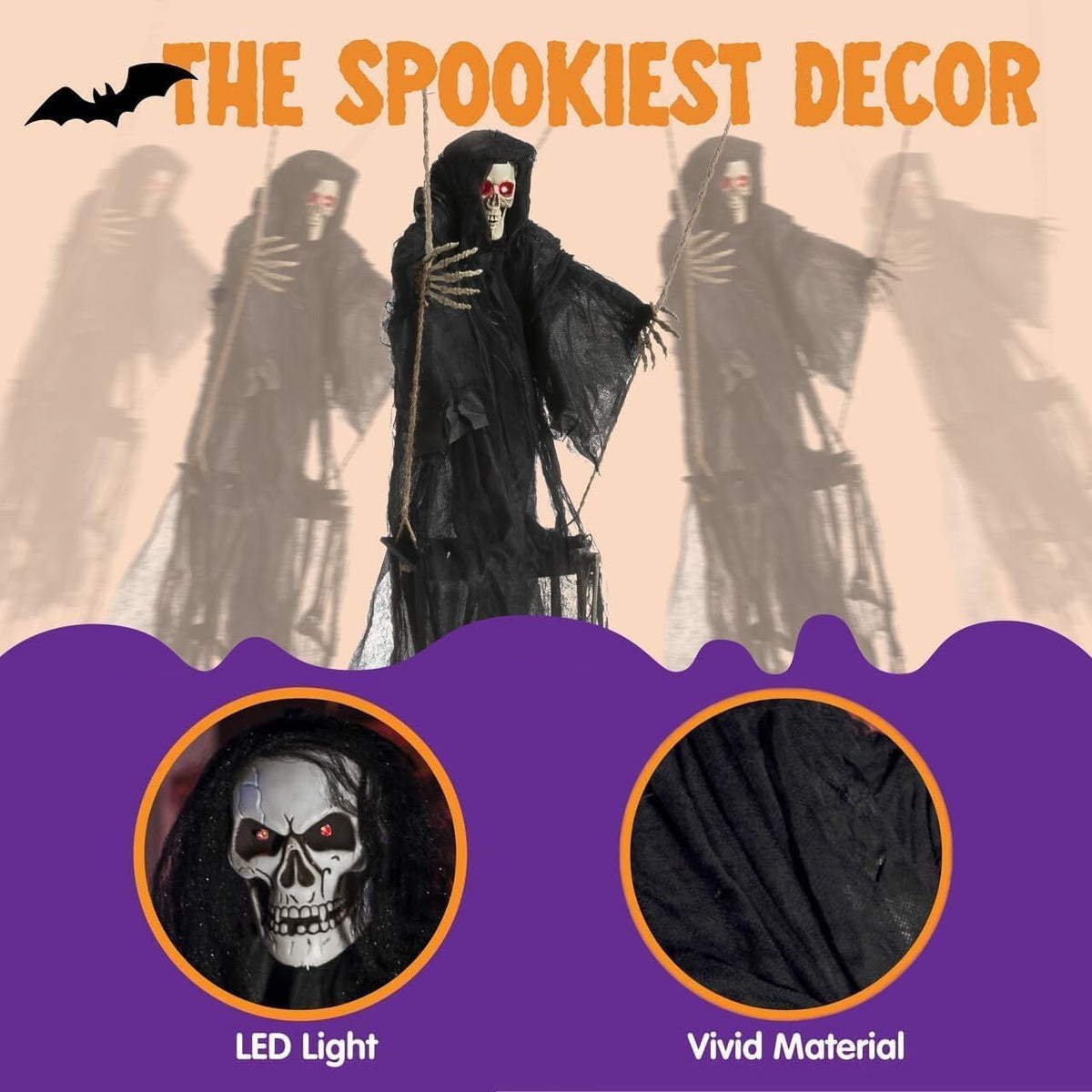 Haunt & Co 2 Packs Outdoor Hanging Swinging Skeleton Ghosts,3 ft Light Up Creepy Grim Reaper Decorations for Halloween Hanging Decorations Indoor Outdoor Yard