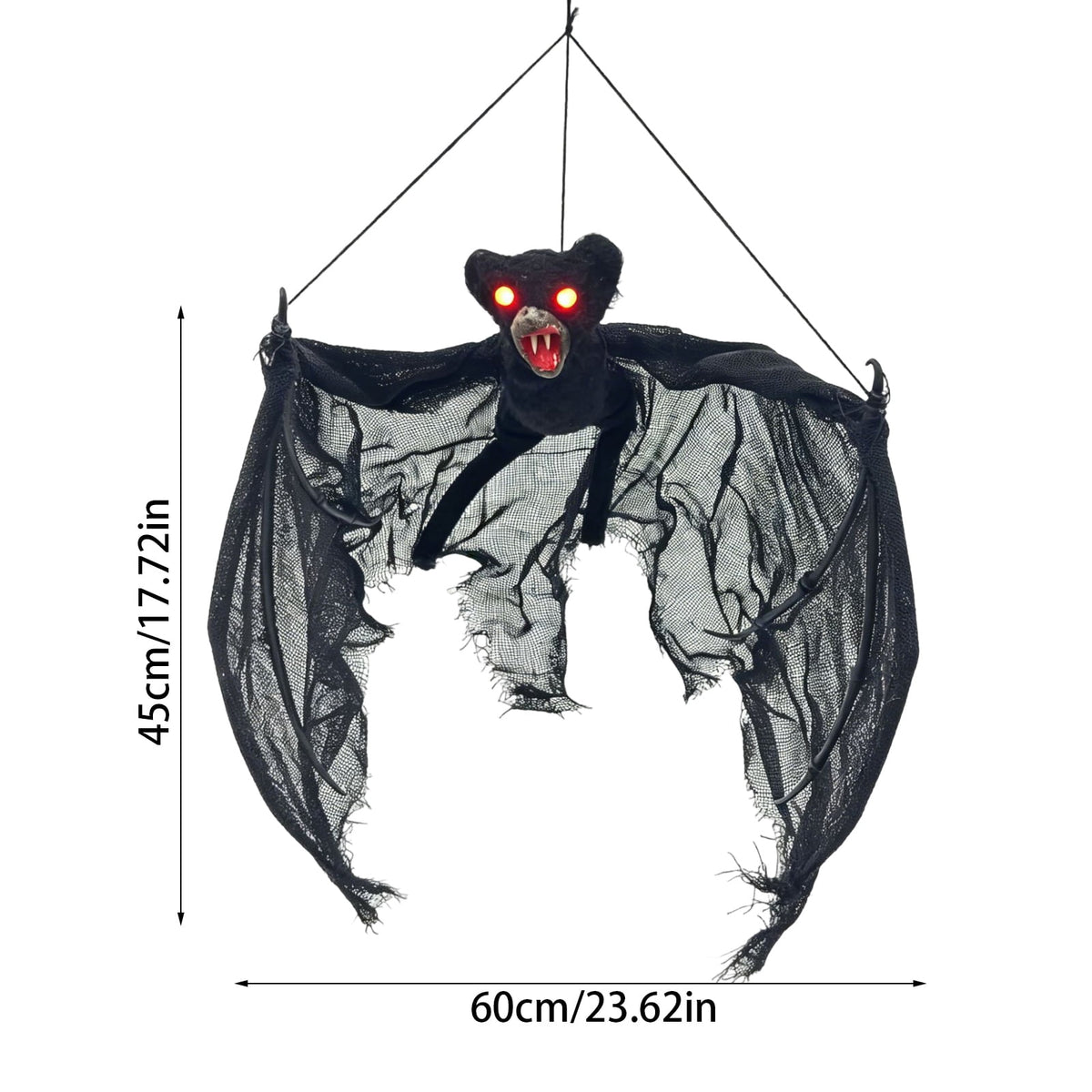 Haunt & Co Spooky Halloween Bat Hanging Prop, Large Scary Bat Decoration with LED Red Eyes, Creepy Black Bat Ornament for Halloween Haunted House, Door, Yard Decor
