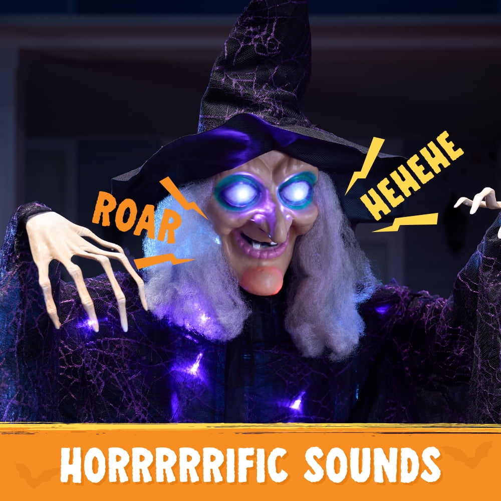 Haunt & Co 6ft Halloween Witch Decoration,Outdoor Scary Halloween Animatronic Hanging Witch with Light Up Eyes and Sound Decoration for Halloween Outdoor