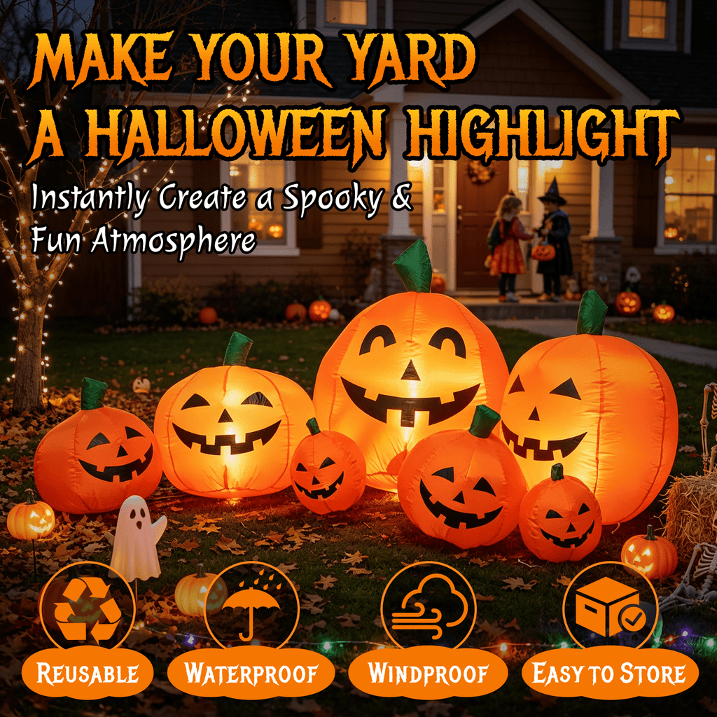 Haunt & Co 7.5 FT Long Halloween Inflatables Pumpkin Family Lighted,7 Pumpkins Blow Up Yard Decoration, Built-in LEDs, Stakes & Tethers Included