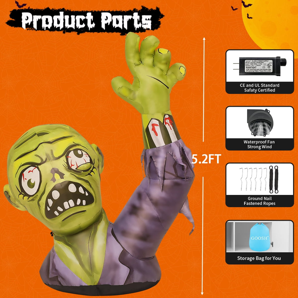 Haunt & Co Halloween Inflatable 5 FT Zombie Inflatable Shaking Hands, Zombie Inflatable Scary Halloween Blow Ups with LED Lights, Halloween Inflatables Clearance for Holiday/Party