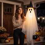 Haunt & Co Halloween Hanging Ghost Witch Hat Decorations 2 Pack Couple Ornaments, Outdoor Yard Garden Hanging Decor With Bow And Cauldron Accents, Front Porch Holiday Party Decoration