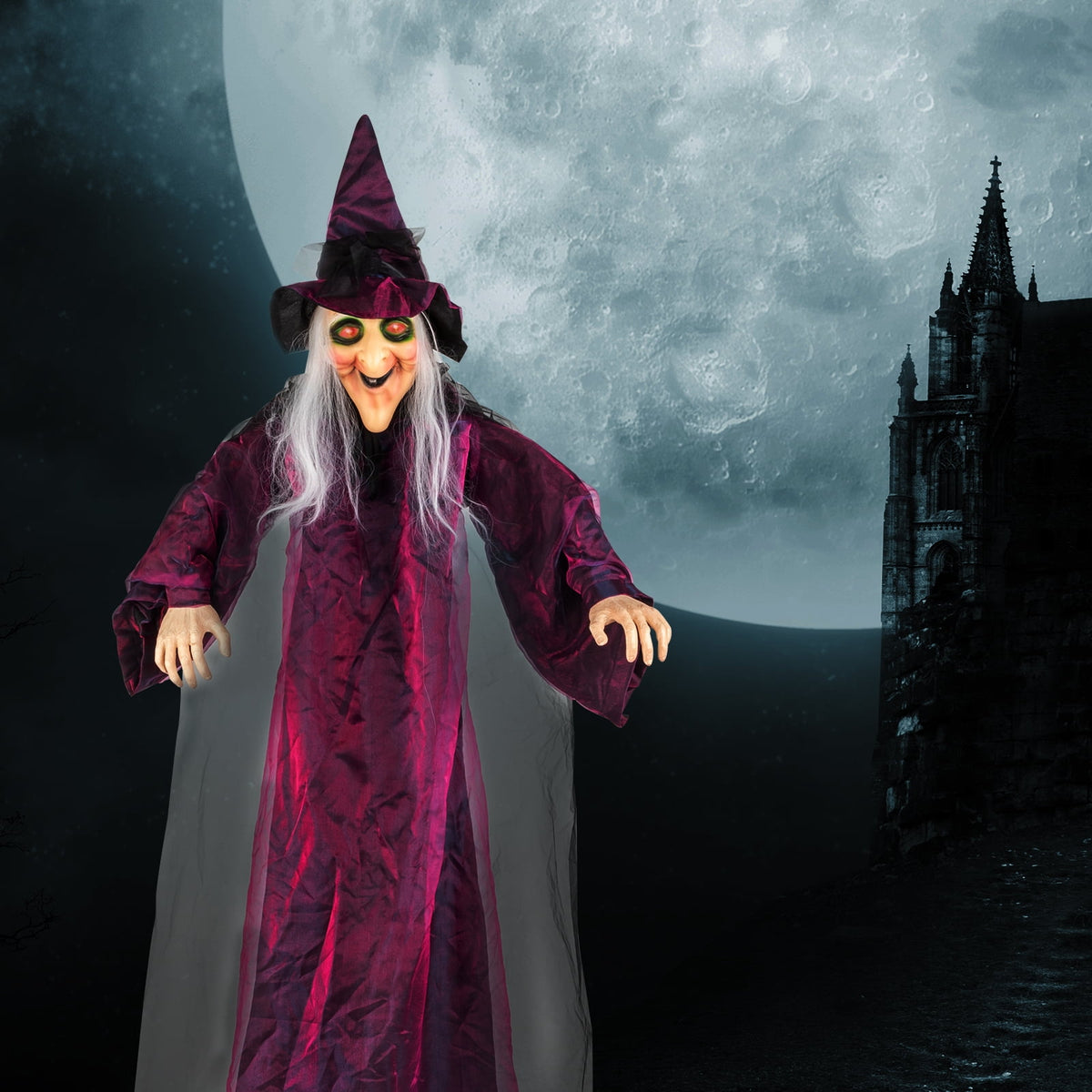 Haunt & Co Halloween Witch Hanging Animated Screaming Witch w/ Pre-Recorded Sound, LED Eyes