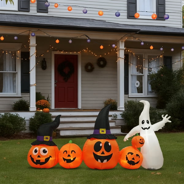 Haunt & Co 8FT Halloween Inflatable Pumpkin Ghost Scene, 5 Total LEDs, Waterproof Polyester, Quick Inflation with Stakes/Ropes