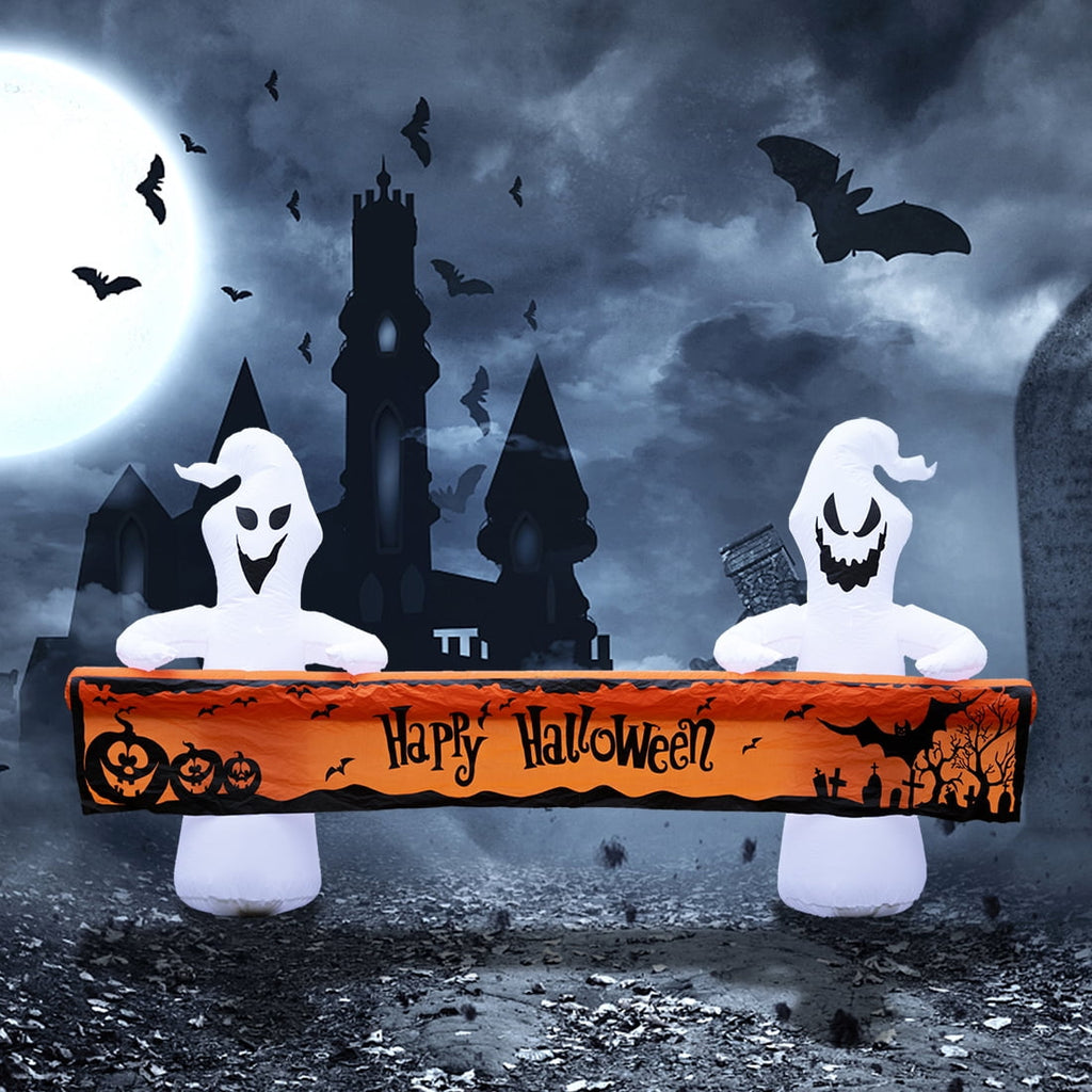 Haunt & Co Large Hallowee Inflatable-8FT White Ghosts with Orange Banner Print - Happy Halloween - LED Lights Outdoor Blow Up Decoration