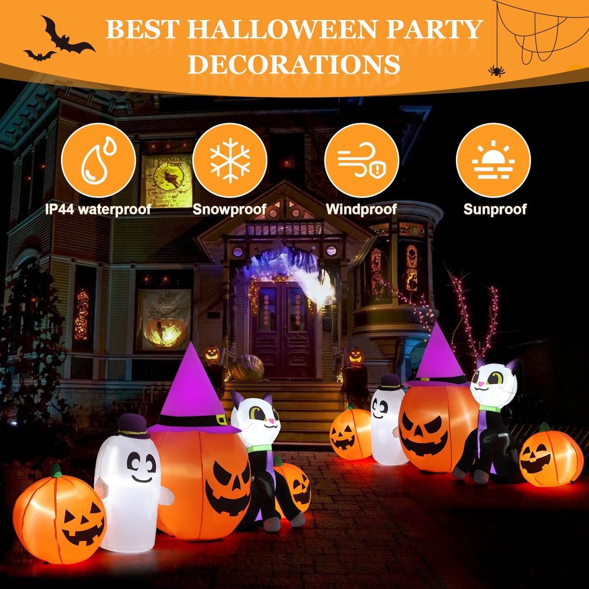 Haunt & Co 8ft Halloween Inflatable Pumpkins Outdoor Decor with Black Cat and Spectre,Built-in LED Lights