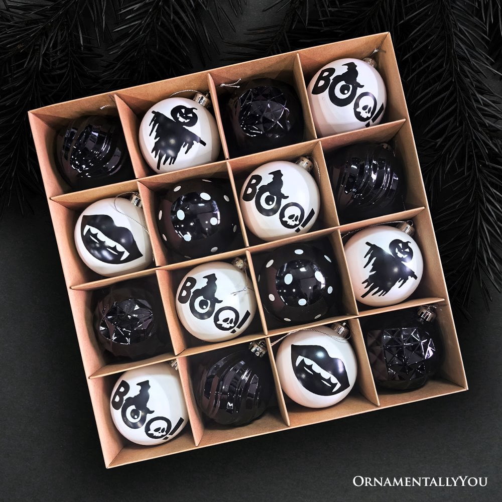 Haunt & Co Creepy Boo Assorted 16 Piece Black and White Ornament Bundle, Monochrome 3" Halloween Bauble Set